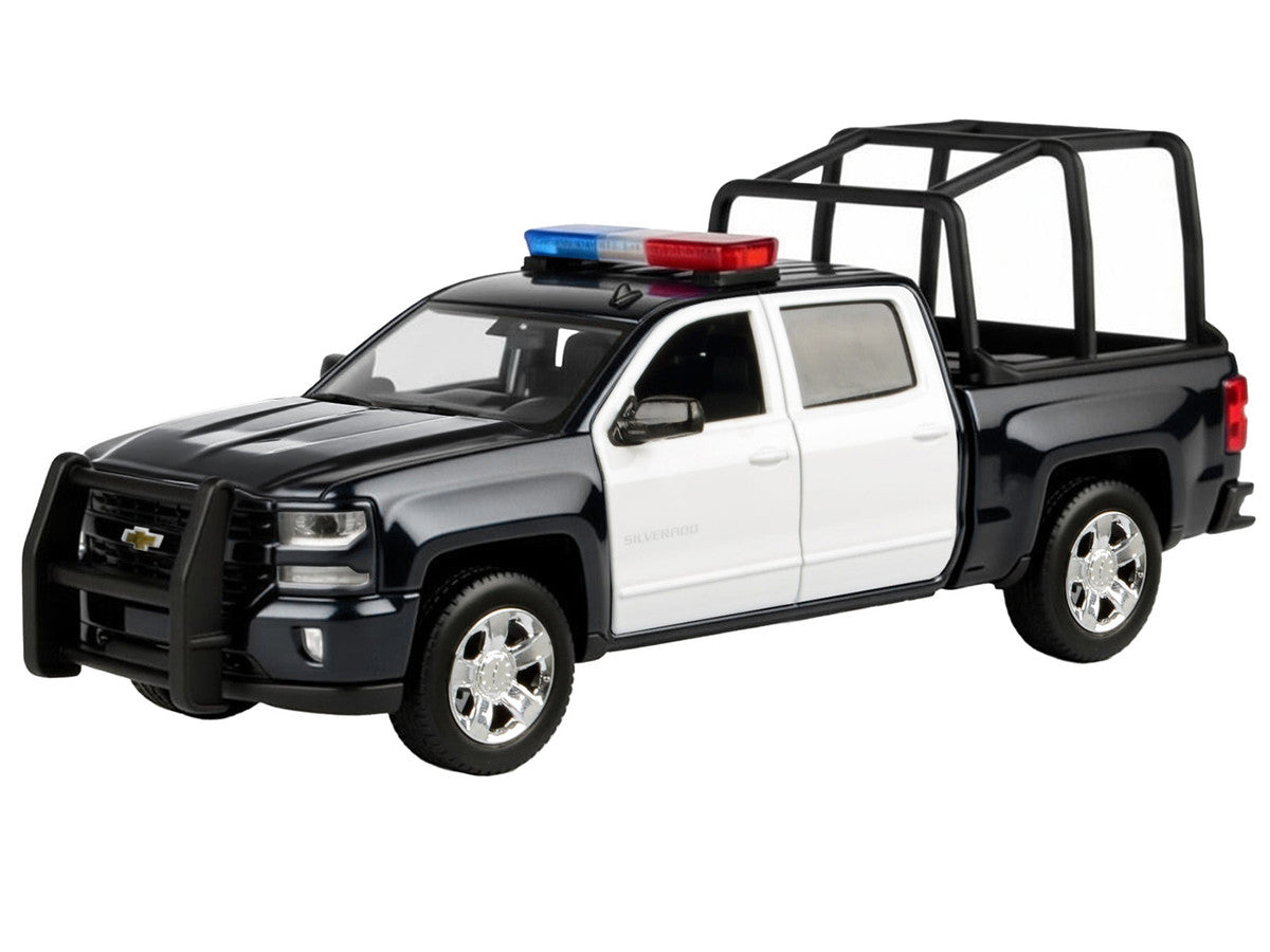 2017 Chevrolet Silverado 1500 LT Z71 Crew Cab Pickup Truck with Bed Cage Black and White with Flashing Light Bar and Front and Rear Lights and Sounds 1/24-1/27 Diecast Model Car by Motormax by Motormax