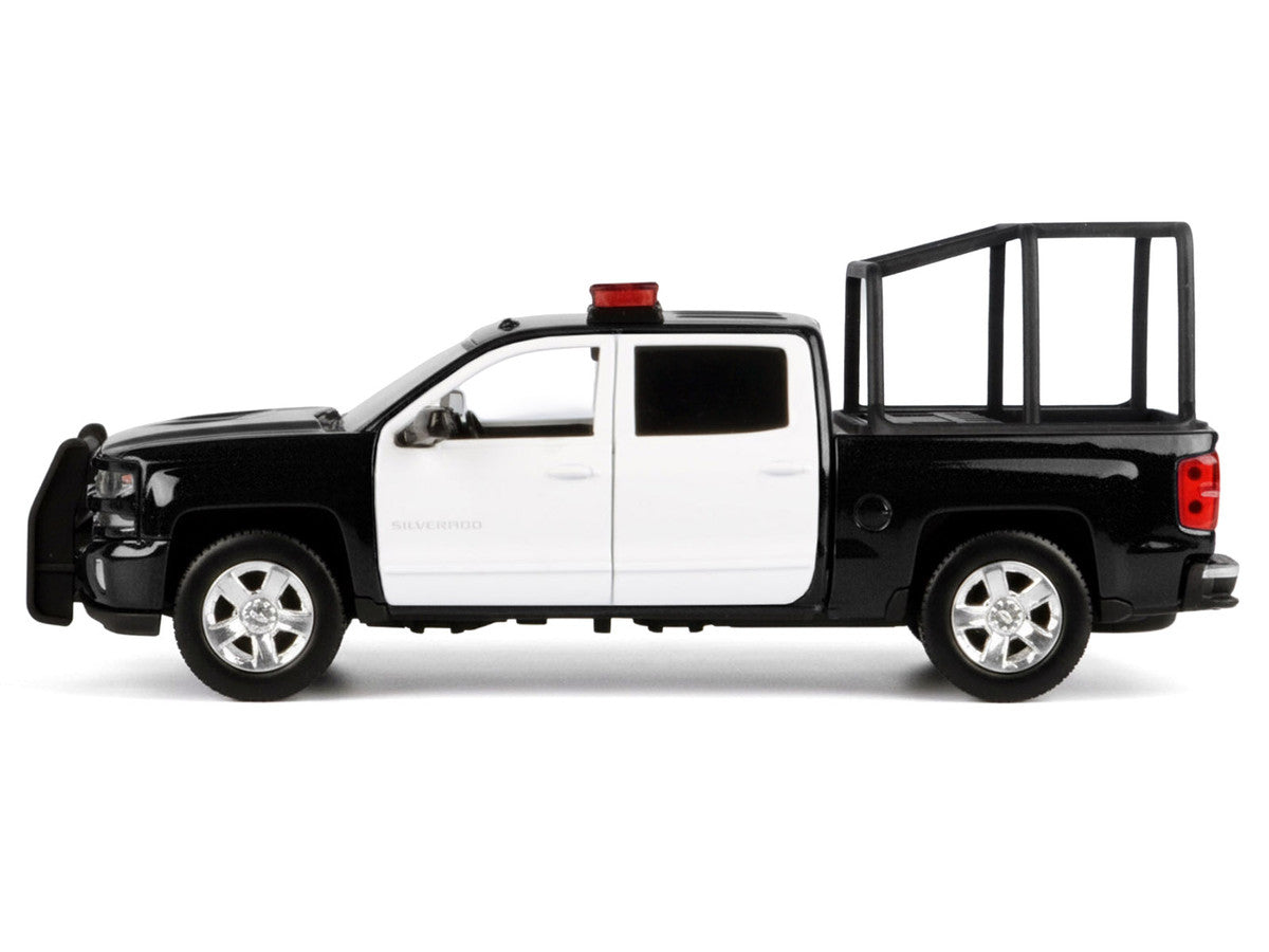 2017 Chevrolet Silverado 1500 LT Z71 Crew Cab Pickup Truck with Bed Cage Black and White with Flashing Light Bar and Front and Rear Lights and Sounds 1/24-1/27 Diecast Model Car by Motormax by Motormax