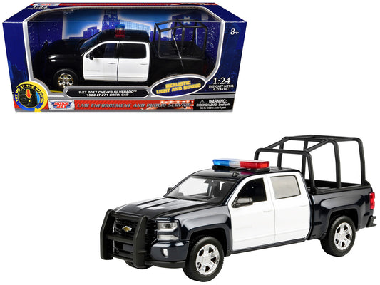 2017 Chevrolet Silverado 1500 LT Z71 Crew Cab Pickup Truck with Bed Cage Black and White with Flashing Light Bar and Front and Rear Lights and Sounds 1/24-1/27 Diecast Model Car by Motormax by Motormax