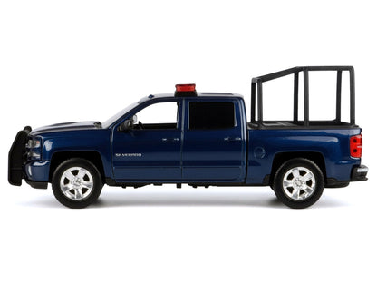 2017 Chevrolet Silverado 1500 LT Z71 Crew Cab Pickup Truck with Bed Cage Dark Blue with Flashing Light Bar and Front and Rear Lights and Sounds 1/24-1/27 Diecast Model Car by Motormax by Motormax