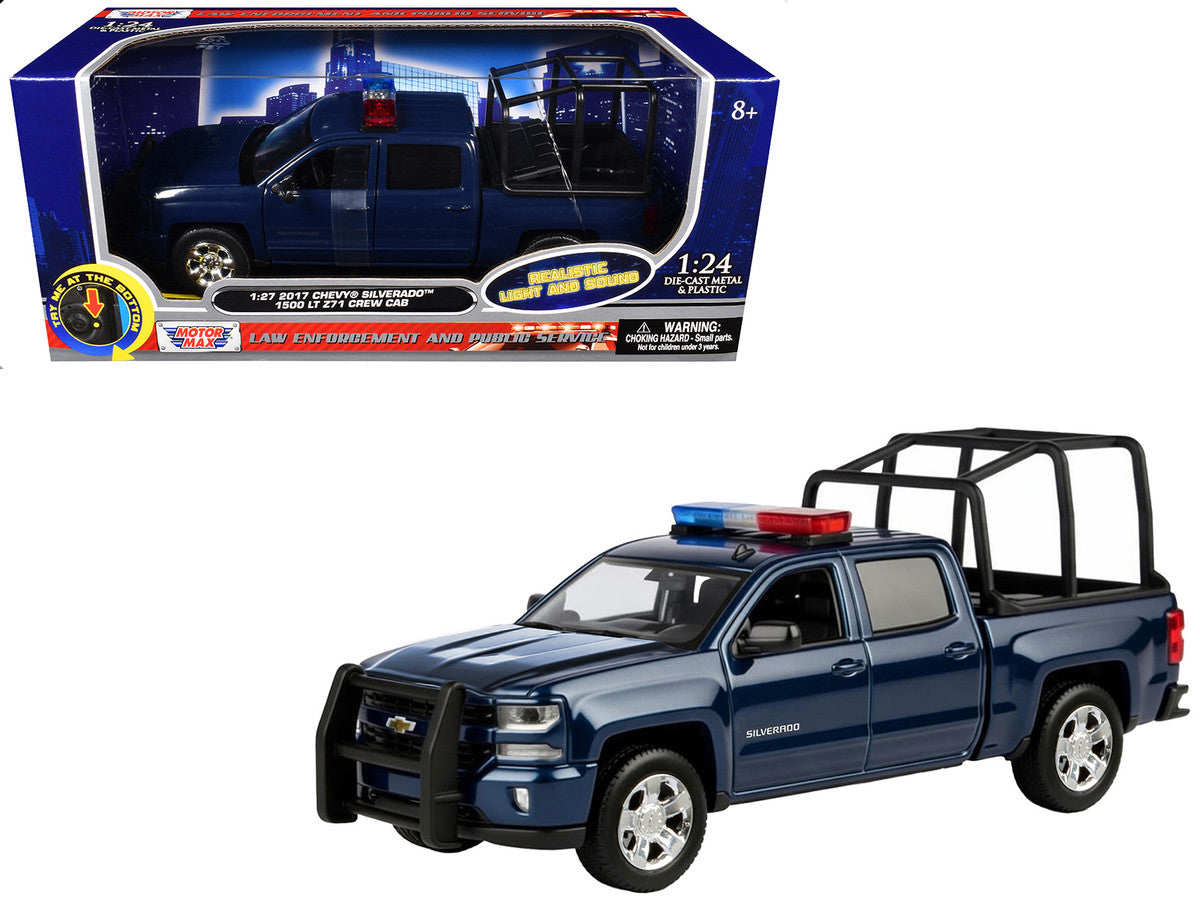 2017 Chevrolet Silverado 1500 LT Z71 Crew Cab Pickup Truck with Bed Cage Dark Blue with Flashing Light Bar and Front and Rear Lights and Sounds 1/24-1/27 Diecast Model Car by Motormax by Motormax