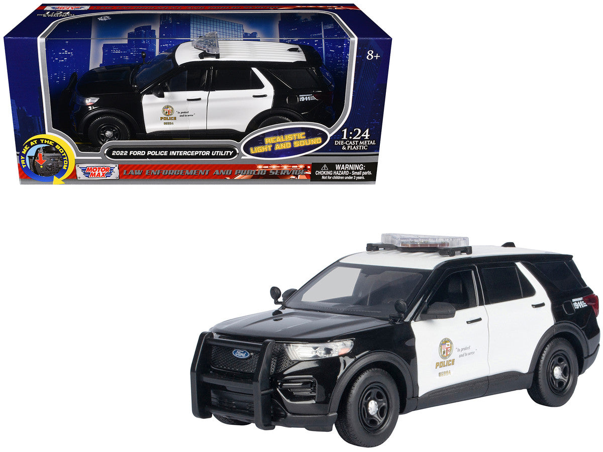 2022 Ford Police Interceptor Utility Black and White "Los Angeles Police Department (LAPD)" with Flashing Light Bar and Front and Rear Lights and Sounds 1/24 Diecast Model Car by Motormax by Motormax