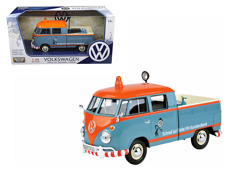 Volkswagen Type 2 (T1) Delivery Service Pickup Truck Blue and Orange "VW-Kundendienst" 1/24 Diecast Model Car by Motormax by Motormax