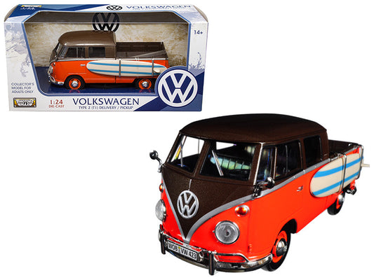 Volkswagen Type 2 (T1) Pickup with Surfboard Brown and Orange 1/24 Diecast Model Car by Motormax by Motormax