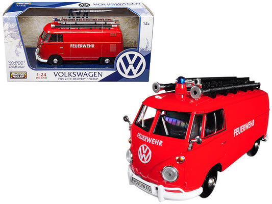 Volkswagen Type 2 (T1) Fire Van "Feuerwehr" Red 1/24 Diecast Model Car by Motormax by Motormax