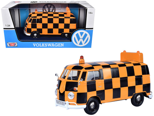Volkswagen Type 2 (T1) Airport Runway Delivery Van Black and Orange Checkered 1/24 Diecast Model Car by Motormax by Motormax