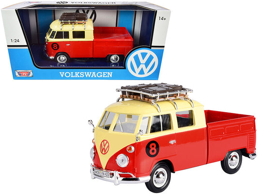 Volkswagen Type 2 (T1) #8 Pickup Truck with Roof Rack and Luggage Red and Yellow 1/24 Diecast Model Car by Motormax by Motormax