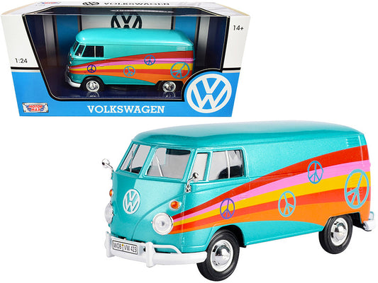 Volkswagen Type 2 (T1) Delivery Van "Peace" Turquoise Metallic 1/24 Diecast Model Car by Motormax by Motormax