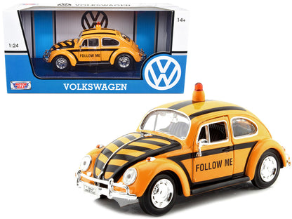 1966 Volkswagen Beetle "Follow Me" Airport Safety Vehicle Yellow with Black Stripes 1/24 Diecast Model Car by Motormax by Motormax