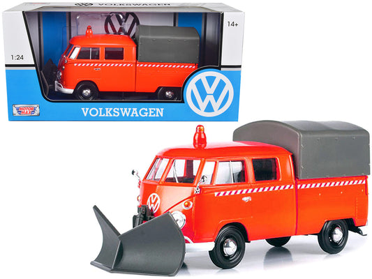 Volkswagen Type 2 (T1) Pickup Truck Orange with Snow Plow and Camper Shell 1/24 Diecast Model Car by Motormax by Motormax