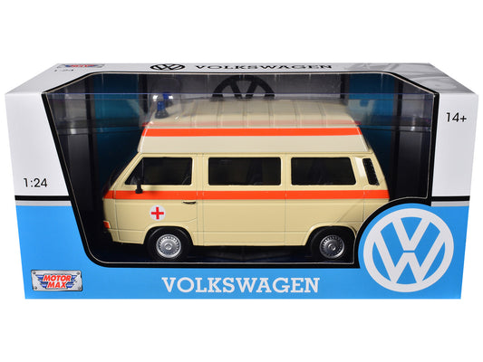 Volkswagen Type 2 (T3) High Roof Ambulance Cream with Orange Stripes 1/24 Diecast Model Car by Motormax by Motormax