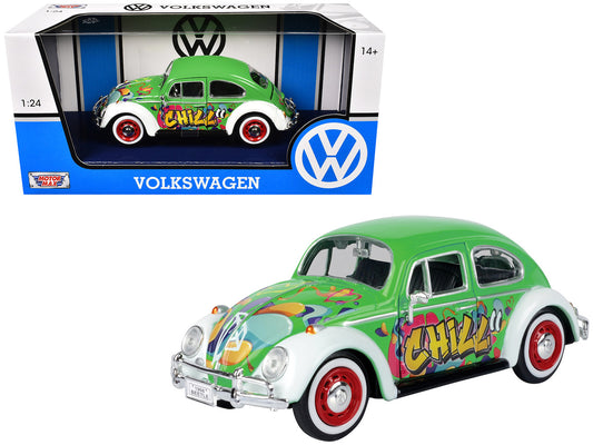 1966 Volkswagen Beetle Green with Graffiti Graphics 1/24 Diecast Model Car by Motormax by Motormax