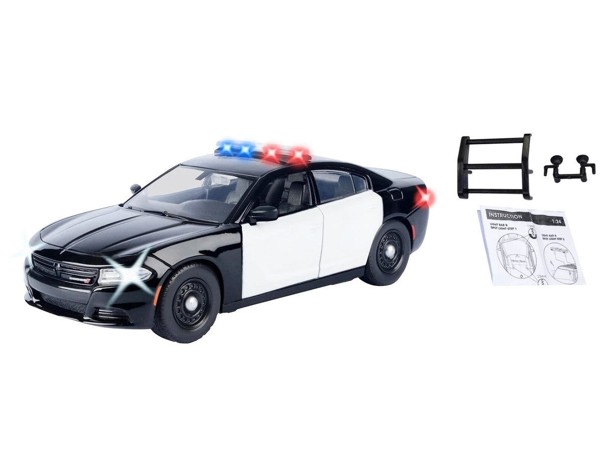 2023 Dodge Charger Pursuit Police Car Black and White with Flashing Light Bar Front and Rear Lights and 2 Sounds "Builder's Kit" 1/24 Diecast Model Car by Motormax by Motormax