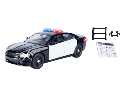 2023 Dodge Charger Pursuit Police Car Black and White with Flashing Light Bar Front and Rear Lights and 2 Sounds "Builder's Kit" 1/24 Diecast Model Car by Motormax by Motormax