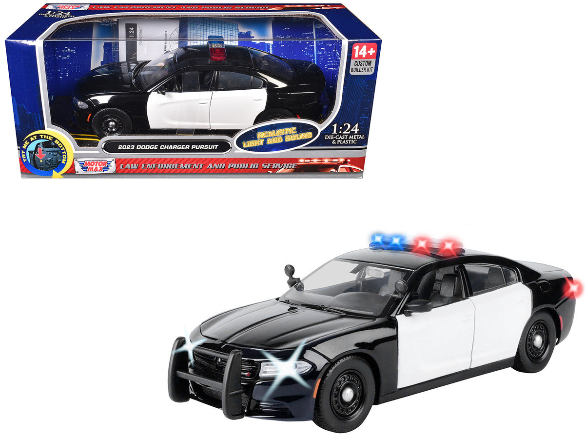 2023 Dodge Charger Pursuit Police Car Black and White with Flashing Light Bar Front and Rear Lights and 2 Sounds "Builder's Kit" 1/24 Diecast Model Car by Motormax by Motormax