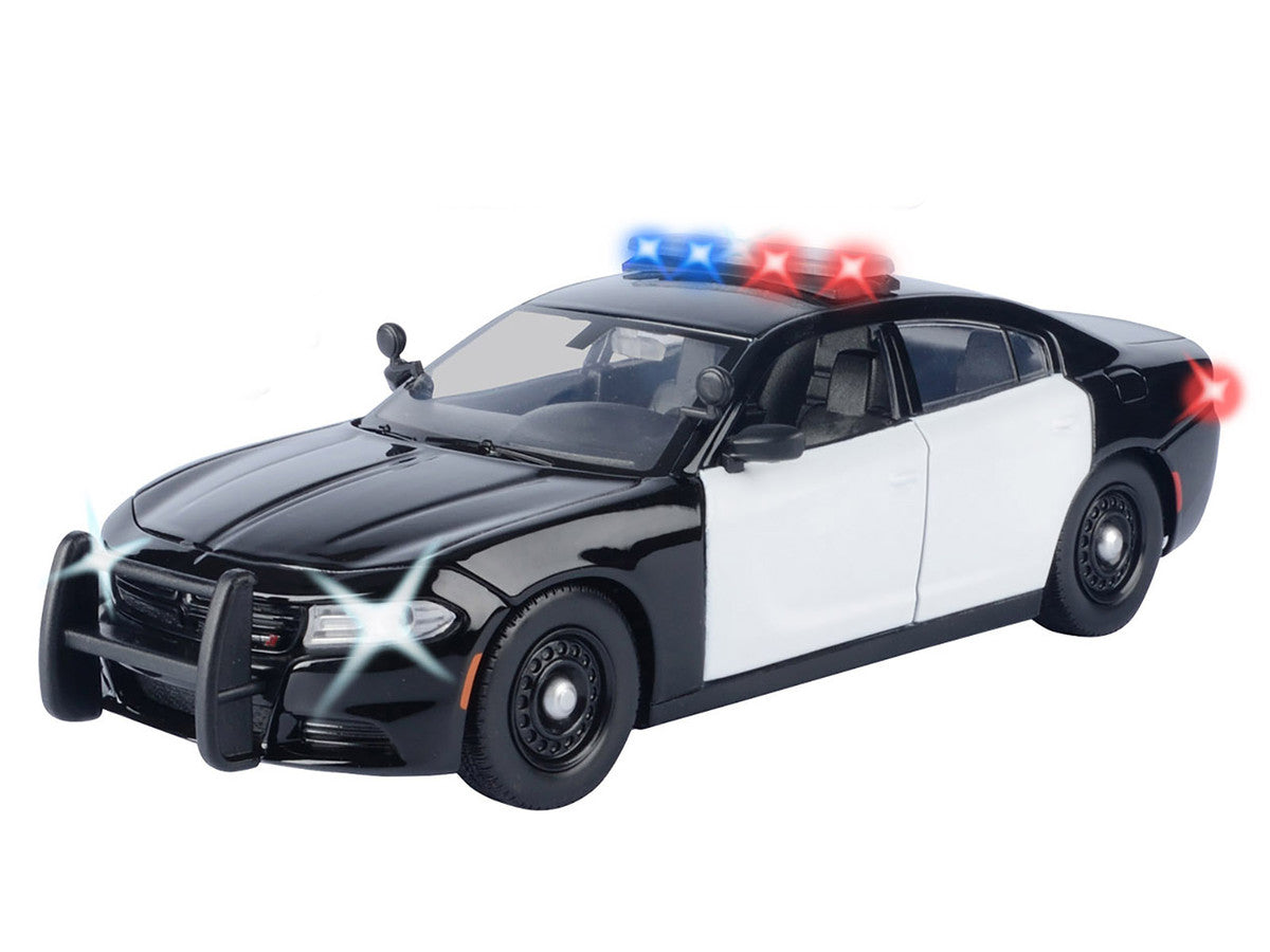 2023 Dodge Charger Pursuit Police Car Black and White with Flashing Light Bar Front and Rear Lights and 2 Sounds "Builder's Kit" 1/24 Diecast Model Car by Motormax by Motormax