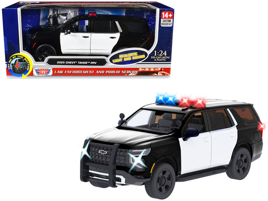 2025 Chevrolet Tahoe PPV Black and White "Builder's Kit" with Flashing Light Bar and Front and Rear Lights and Sounds 1/24 Diecast Model Car by Motormax by Motormax