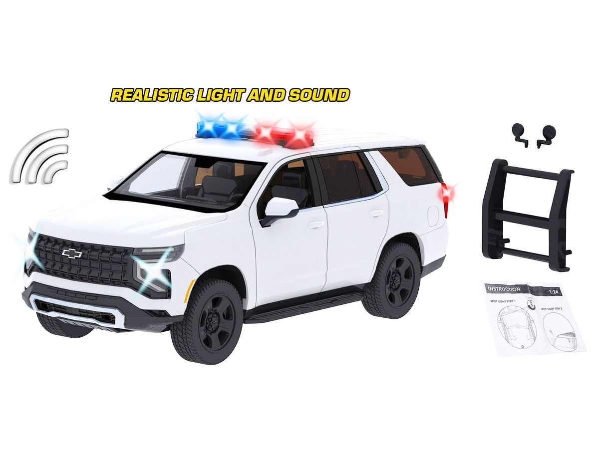 2025 Chevrolet Tahoe PPV White "Builder's Kit" with Flashing Light Bar and Front and Rear Lights and Sounds 1/24 Diecast Model Car by Motormax by Motormax