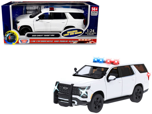 2025 Chevrolet Tahoe PPV White "Builder's Kit" with Flashing Light Bar and Front and Rear Lights and Sounds 1/24 Diecast Model Car by Motormax by Motormax