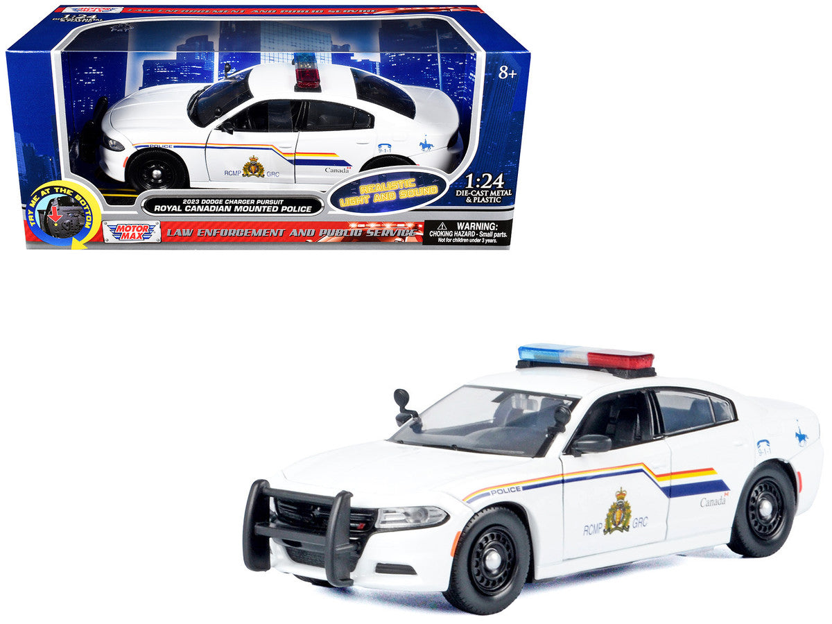2023 Dodge Charger Pursuit Police Car "Royal Canadian Mounted Police (RCMP)" White with Flashing Light Bar and Front and Rear Lights and Sound 1/24 Diecast Model Car by Motormax by Motormax