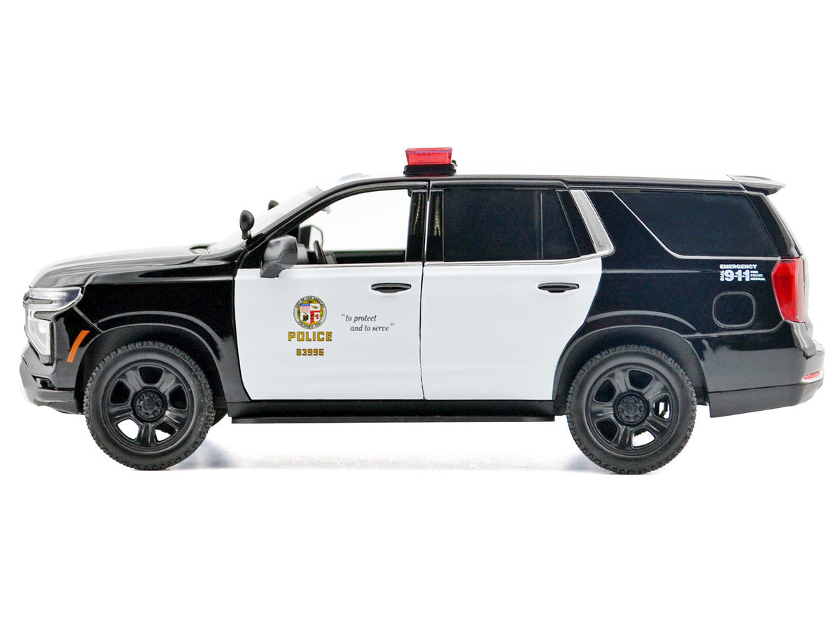 2025 Chevrolet Tahoe PPV "LAPD (Los Angeles Police Department)" Black and White with Flashing Light Bar and Front and Rear Lights and Sounds 1/24 Diecast Model Car by Motormax by Motormax
