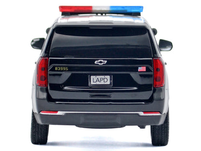 2025 Chevrolet Tahoe PPV "LAPD (Los Angeles Police Department)" Black and White with Flashing Light Bar and Front and Rear Lights and Sounds 1/24 Diecast Model Car by Motormax by Motormax