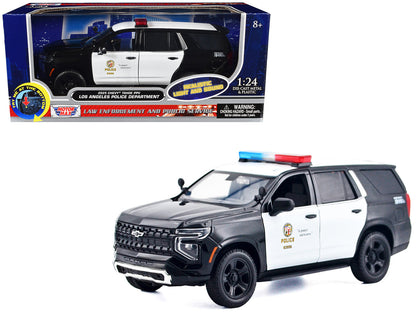2025 Chevrolet Tahoe PPV "LAPD (Los Angeles Police Department)" Black and White with Flashing Light Bar and Front and Rear Lights and Sounds 1/24 Diecast Model Car by Motormax by Motormax