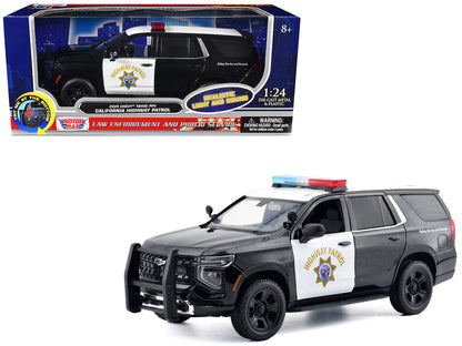 2025 Chevrolet Tahoe PPV "CHP (California Highway Patrol)" Black and White with Flashing Light Bar and Front and Rear Lights and Sounds 1/24 Diecast Model Car by Motormax by Motormax