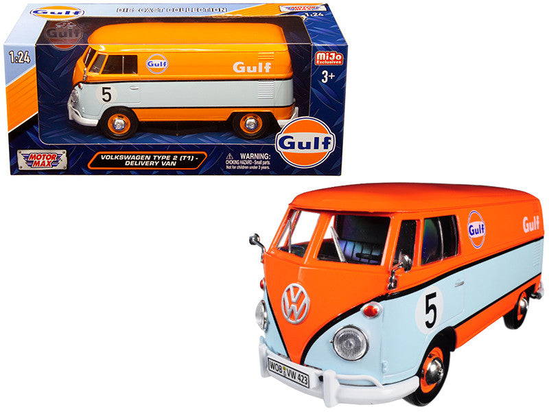 Volkswagen Type 2 (T1) Delivery Van #5 "Gulf" Orange and Light Blue 1/24 Diecast Model Car by Motormax by Motormax