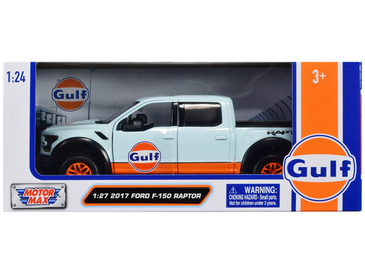2017 Ford F-150 Raptor Pickup Truck Light Blue with Orange Stripes "Gulf Oil" "Gulf Die-Cast Collection" 1/24-1/27 Diecast Model Car by Motormax by Motormax