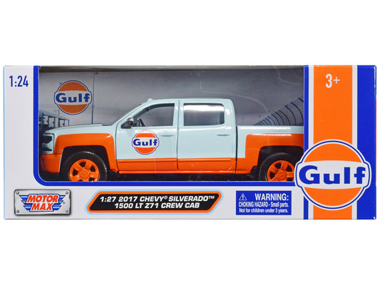 2017 Chevrolet Silverado 1500 LT Z71 Crew Cab Pickup Truck Light Blue with Orange Stripes "Gulf Oil" "Gulf Die-Cast Collection" 1/24-1/27 Diecast Model Car by Motormax by Motormax