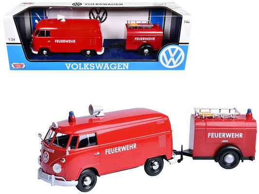 Volkswagen Type 2 (T1) Fire Van with Fire Fighting Trailer "Feuerwehr" Red 1/24 Diecast Model Car by Motormax by Motormax