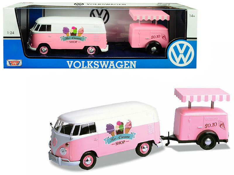 Volkswagen T1 Delivery Van with Ice-Cream Trailer Pink and White "Ice-Cream Shop" 1/24 Diecast Model Car by Motormax by Motormax