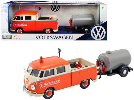 Volkswagen Type 2 (T1) Pickup Truck Orange and Cream with Oil Trailer "Road Service" 1/24 Diecast Model Car by Motormax by Motormax