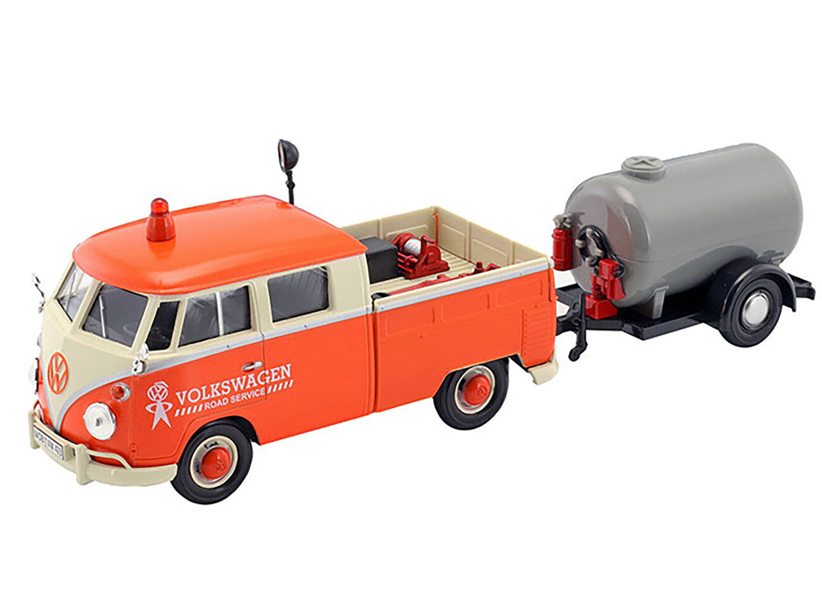 Volkswagen Type 2 (T1) Pickup Truck Orange and Cream with Oil Trailer "Road Service" 1/24 Diecast Model Car by Motormax by Motormax