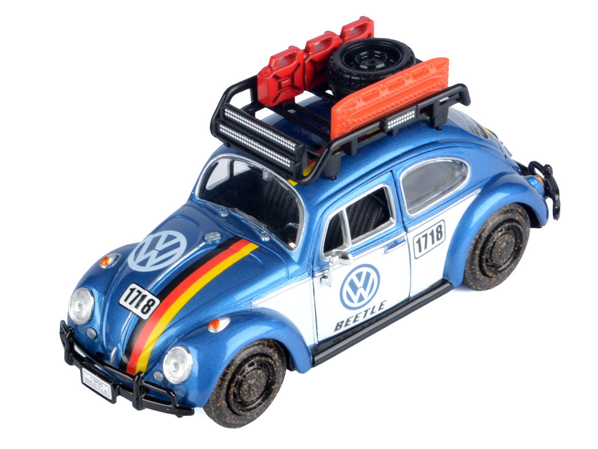 1966 Volkswagen Beetle Off Road #1718 Blue Metallic and White with German Flag Stripes and Roof Rack Accessories 1/24 Diecast Model Car by Motormax by Motormax
