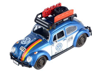 1966 Volkswagen Beetle Off Road #1718 Blue Metallic and White with German Flag Stripes and Roof Rack Accessories 1/24 Diecast Model Car by Motormax by Motormax