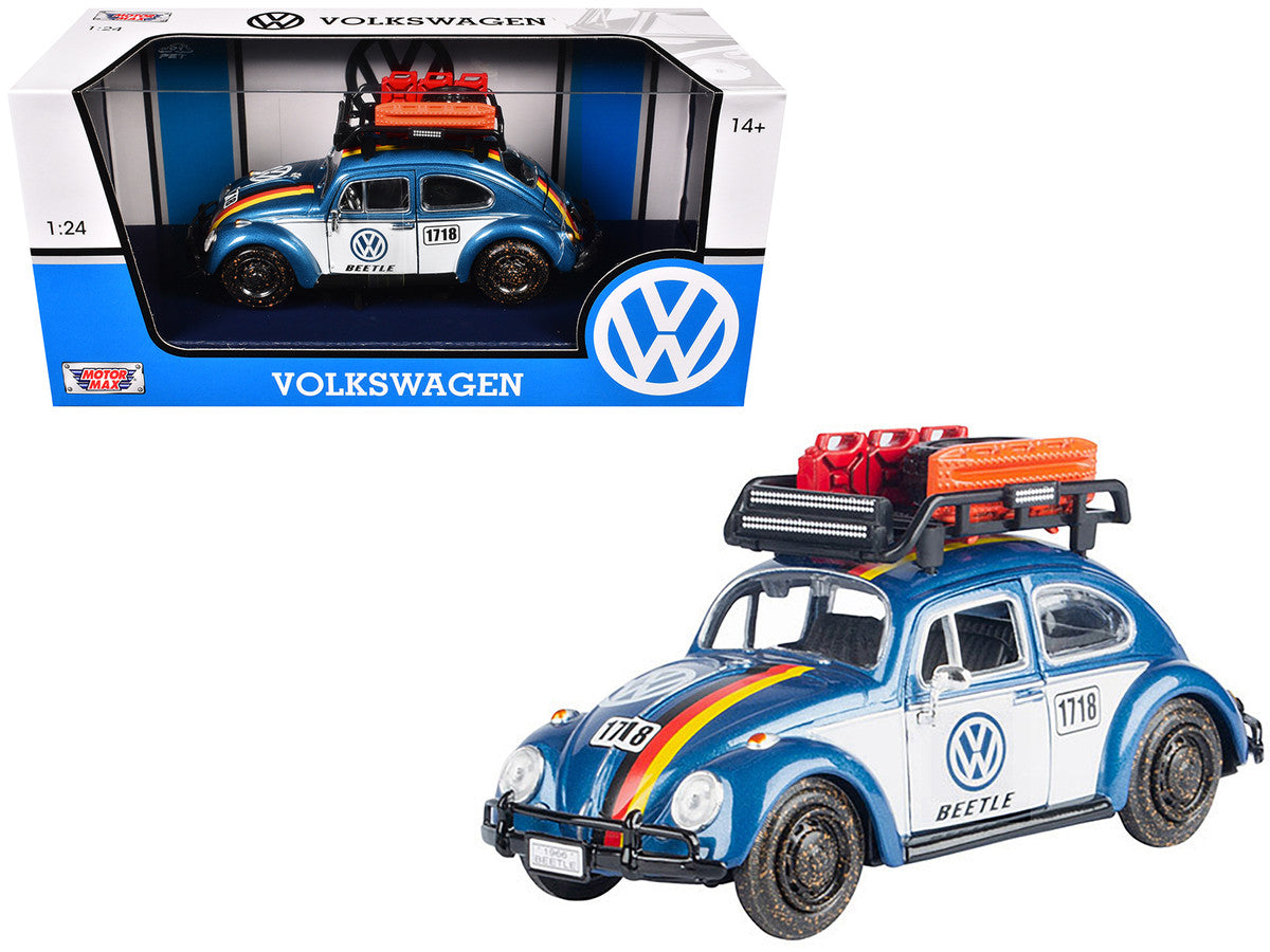1966 Volkswagen Beetle Off Road #1718 Blue Metallic and White with German Flag Stripes and Roof Rack Accessories 1/24 Diecast Model Car by Motormax by Motormax