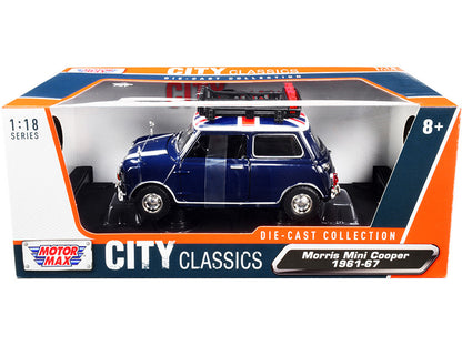 1961-1967 Morris Mini Cooper RHD (Right Hand Drive) Dark Blue with British Flag on the Top and Roof Rack "City Classics" Series 1/18 Diecast Model Car by Motormax by Motormax