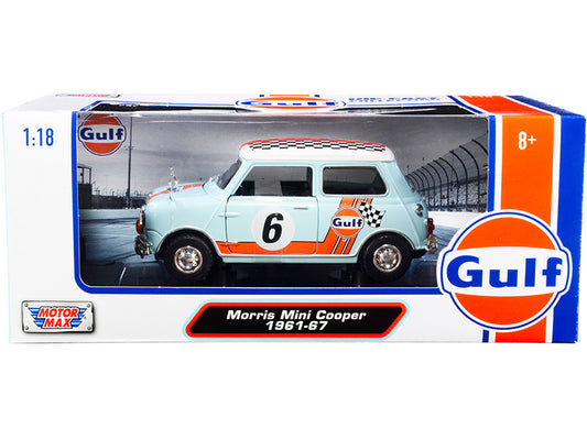 1961-1967 Morris Mini Cooper RHD (Right Hand Drive) #6 "Gulf Oil" Light Blue with Orange Stripes and Checkered Top "City Classics" Series 1/18 Diecast Model Car by Motormax by Motormax
