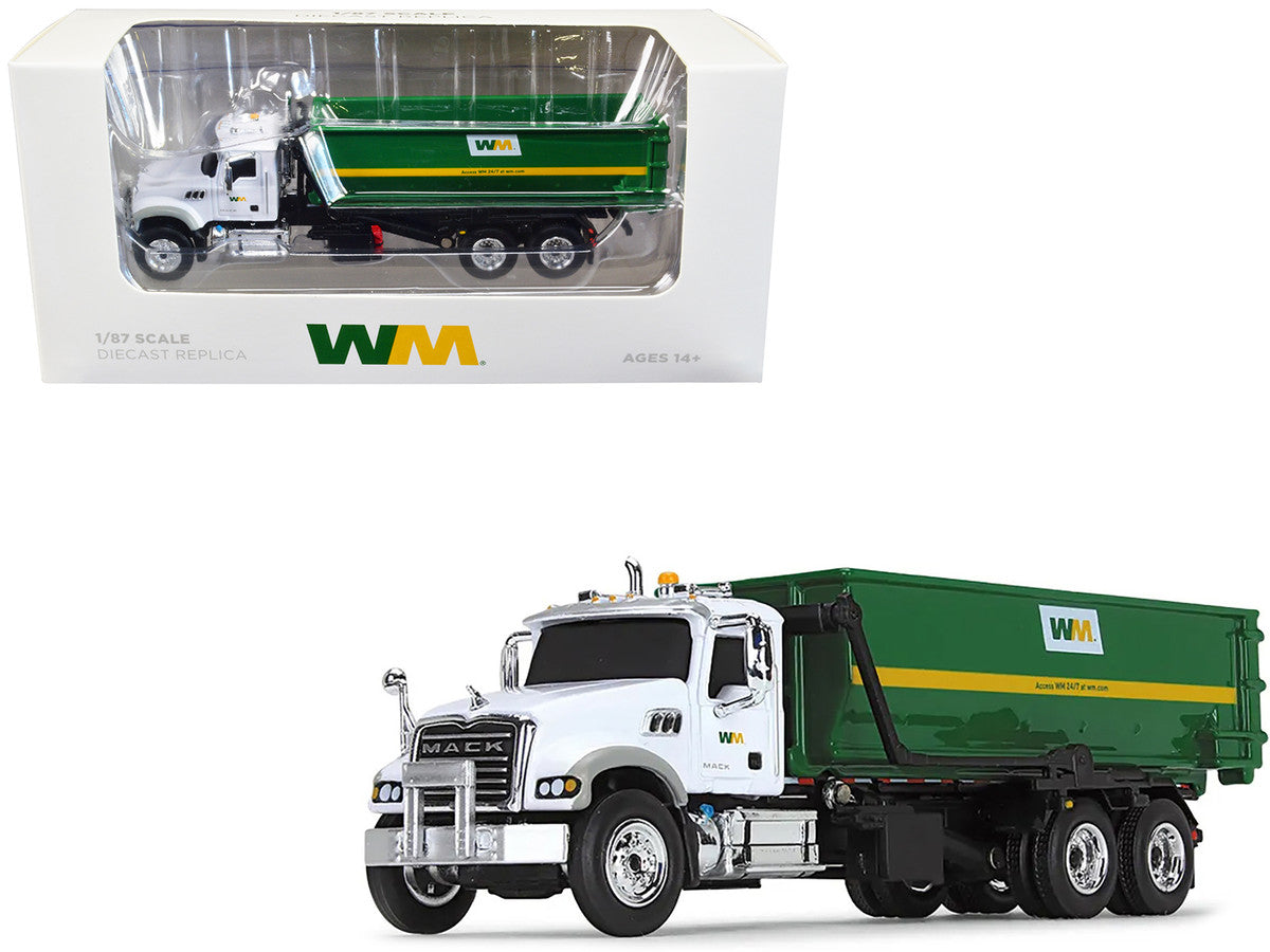 Mack Granite MP Refuse Garbage Truck with Tub-Style Roll-Off Container "Waste Management" White and Green 1/87 (HO) Diecast Model by First Gear by First Gear