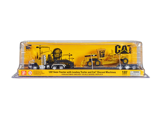 CAT Caterpillar CT660 Day Cab Tractor Yellow with Lowboy Trailer and CAT 163H Motor Grader Yellow 1/87 (HO) Diecast Model by Diecast Masters by Diecast Masters