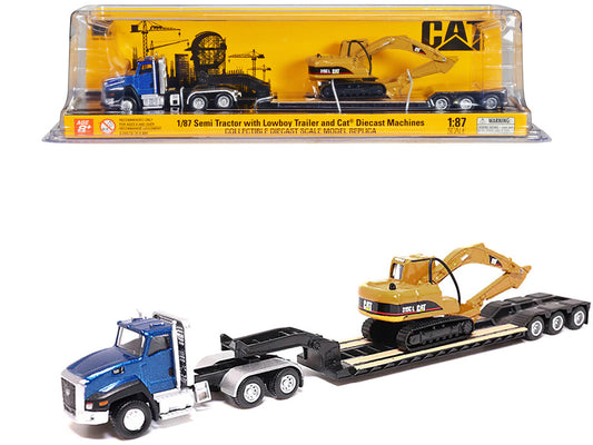 CAT Caterpillar CT660 Day Cab Tractor Blue Metallic with Lowboy Trailer and CAT 315C L Hydraulic Excavator Yellow 1/87 (HO) Diecast Model by Diecast Masters by Diecast Masters