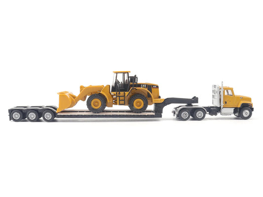 CAT Caterpillar CT681 Day Cab Tractor Yellow with Lowboy Trailer and CAT 950G Wheel Loader Yellow 1/87 (HO) Diecast Model by Diecast Masters by Diecast Masters