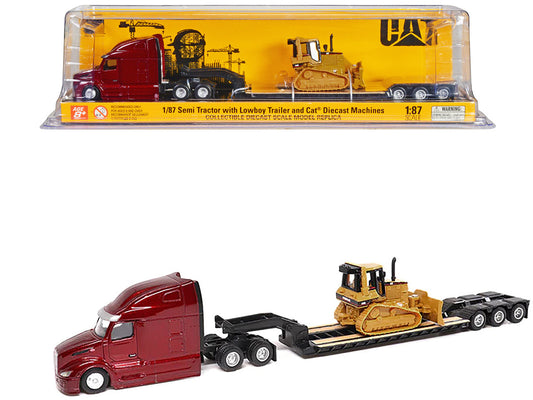 Peterbilt 579 UltraLoft Tandem Tractor Red Metallic with Lowboy Trailer and CAT D5M Dozer Yellow 1/87 (HO) Diecast Model by Diecast Masters by Diecast Masters