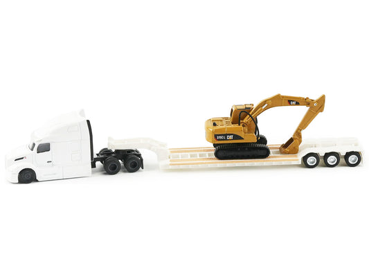Peterbilt 579 Tractor White with Lowboy Trailer and CAT 315C Excavator Yellow 1/87 (HO) Diecast Model by Diecast Masters by Diecast Masters