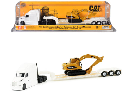 Peterbilt 579 Tractor White with Lowboy Trailer and CAT 315C Excavator Yellow 1/87 (HO) Diecast Model by Diecast Masters by Diecast Masters