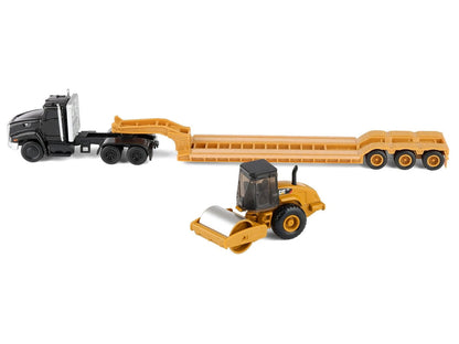 Kenworth T880 Tractor Black with Lowboy Trailer and CAT Roller Yellow 1/87 (HO) Diecast Model by Diecast Masters by Diecast Masters