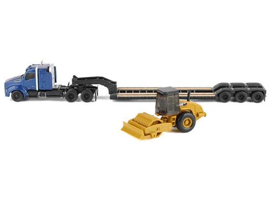 Kenworth T880 Tractor Blue Metallic with Lowboy Trailer and CAT Padfoot Roller Yellow 1/87 (HO) Diecast Model by Diecast Masters by Diecast Masters