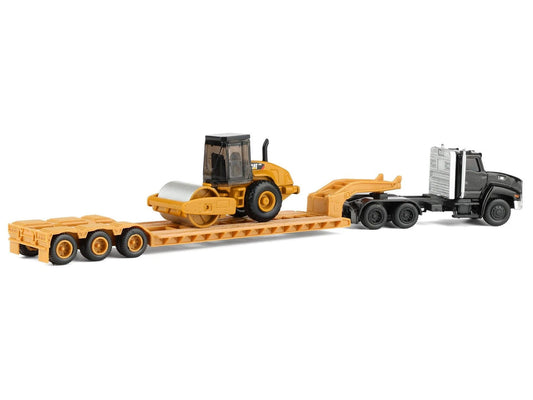 Kenworth T880 Tractor Black with Lowboy Trailer and CAT Roller Yellow 1/87 (HO) Diecast Model by Diecast Masters by Diecast Masters